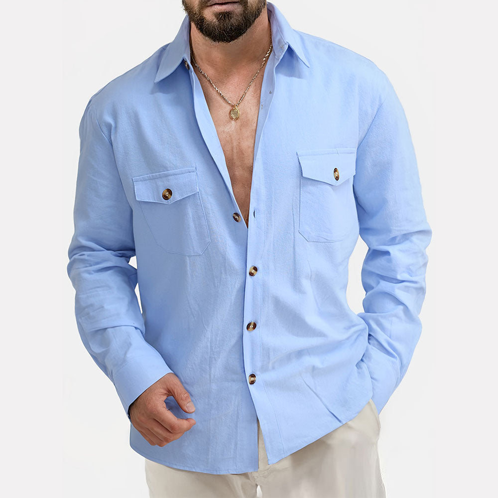Chemise boutonnée décontractée en coton et lin avec poches poitrine pour homme