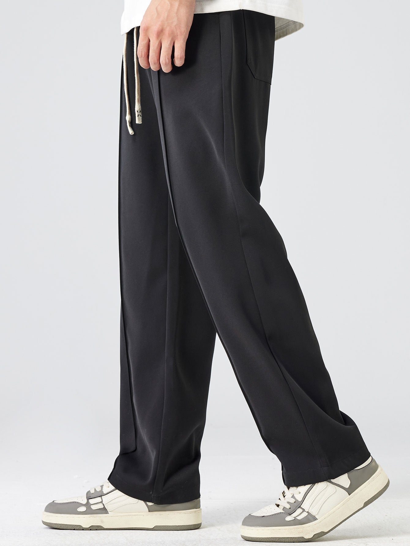 Pantalon droit élégant à simple pli et cordon de serrage pour homme