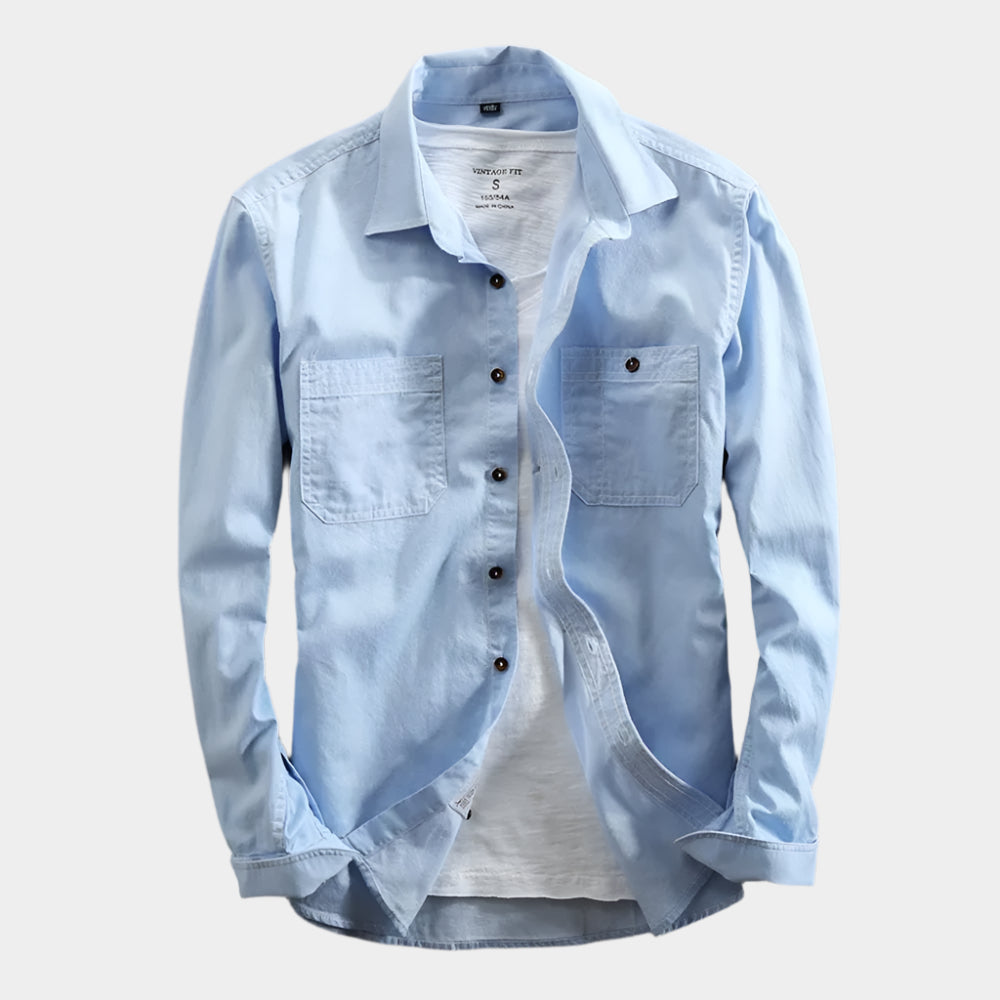 Chemise boutonnée en coton à manches longues avec deux poches poitrine pour homme