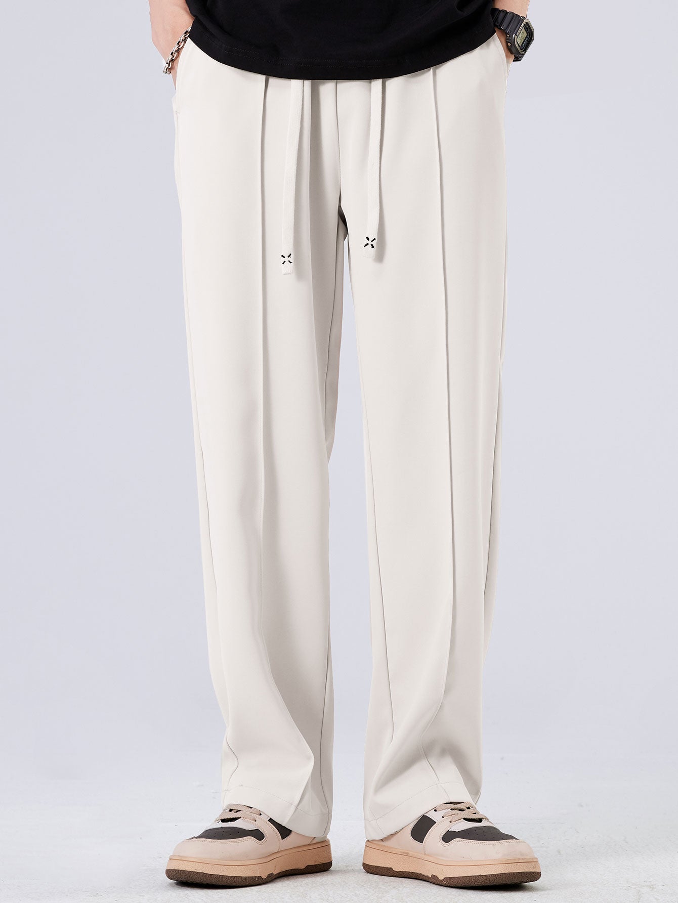 Pantalon droit élégant à simple pli et cordon de serrage pour homme
