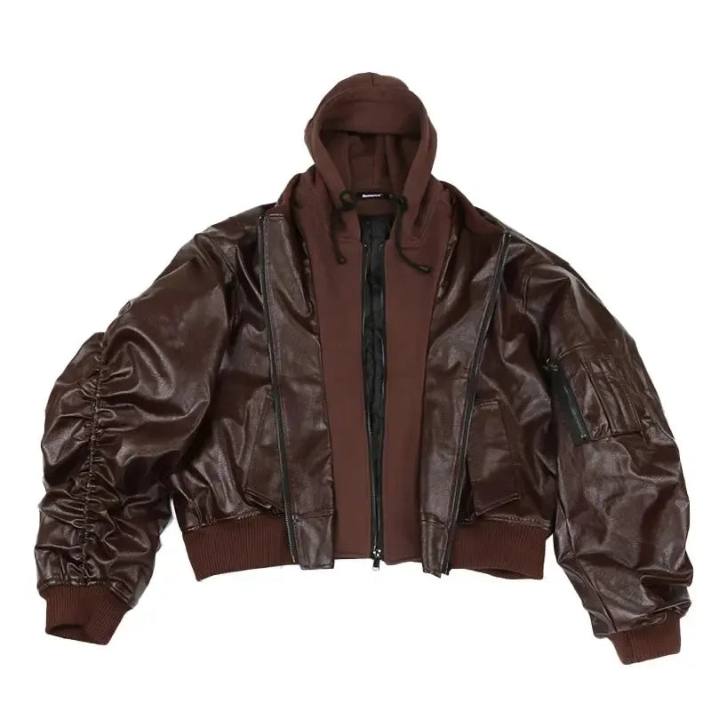 Blouson aviateur oversize à capuche en cuir synthétique pour homme – Style urbain