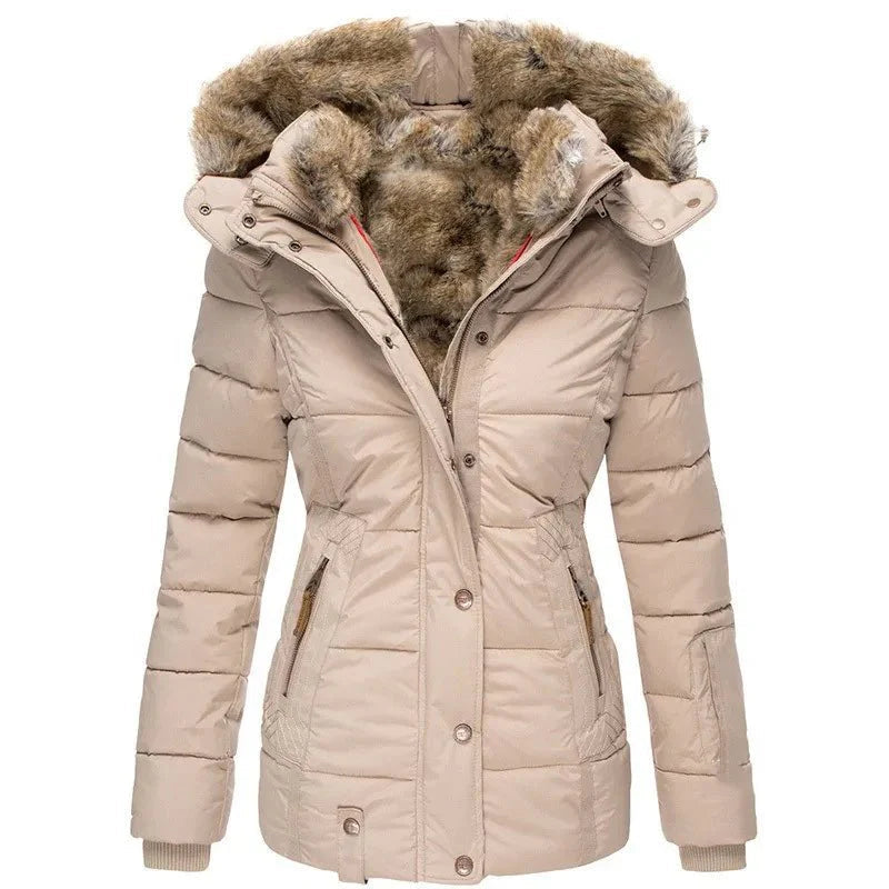 Veste d'Hiver Élégante Femme avec Capuche en Fausse Fourrure, Chaude et Ajustée, Idéale pour l'Hiver - 4