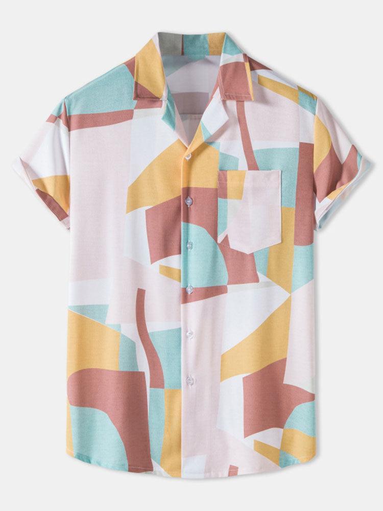 Chemise boutonnée à blocs de couleurs abstraits – Tenue d'été décontractée pour homme
