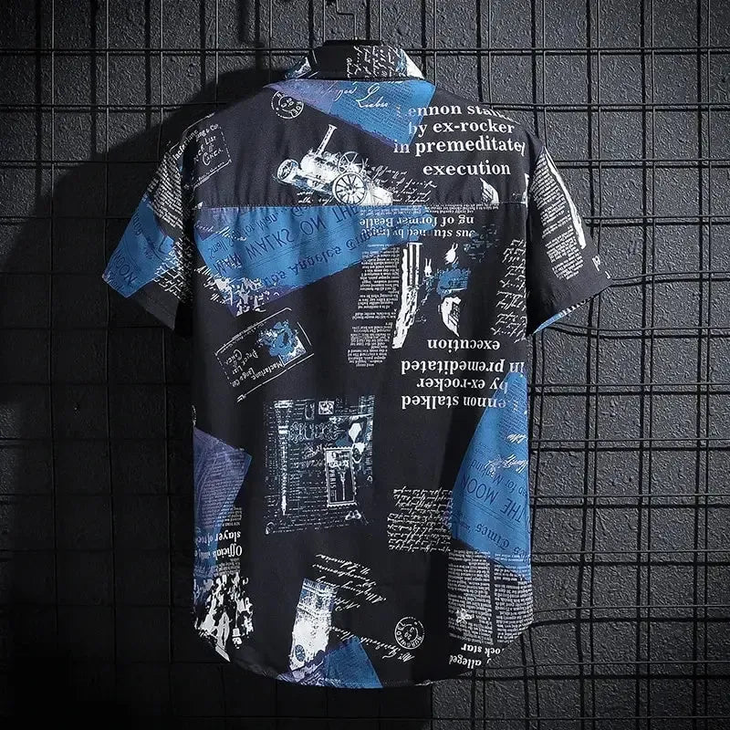 Chemise boutonnée à imprimé journal – Manches courtes décontractées pour homme