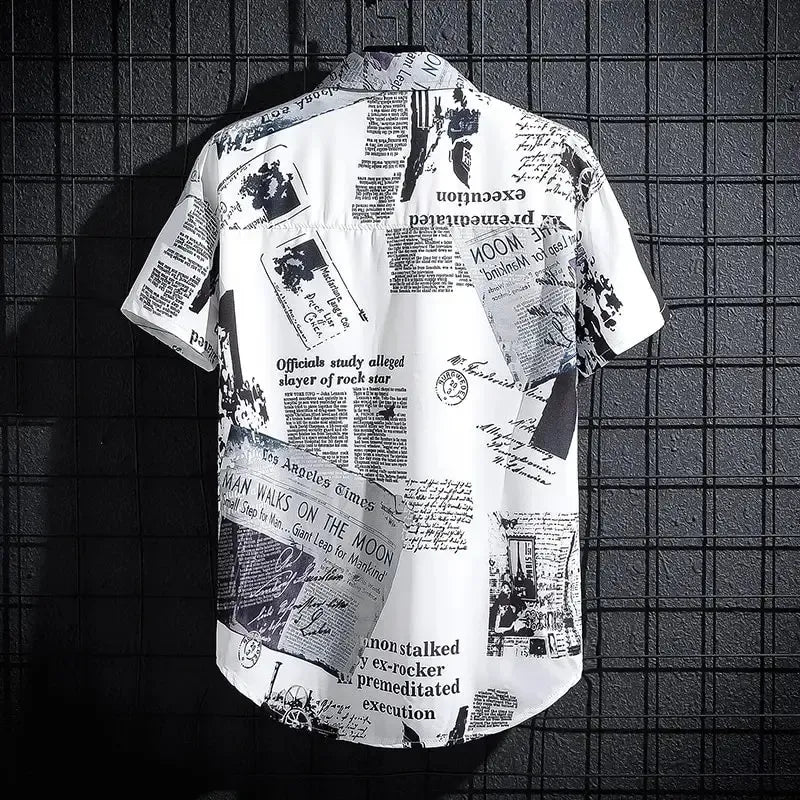 Chemise boutonnée à imprimé journal – Manches courtes décontractées pour homme