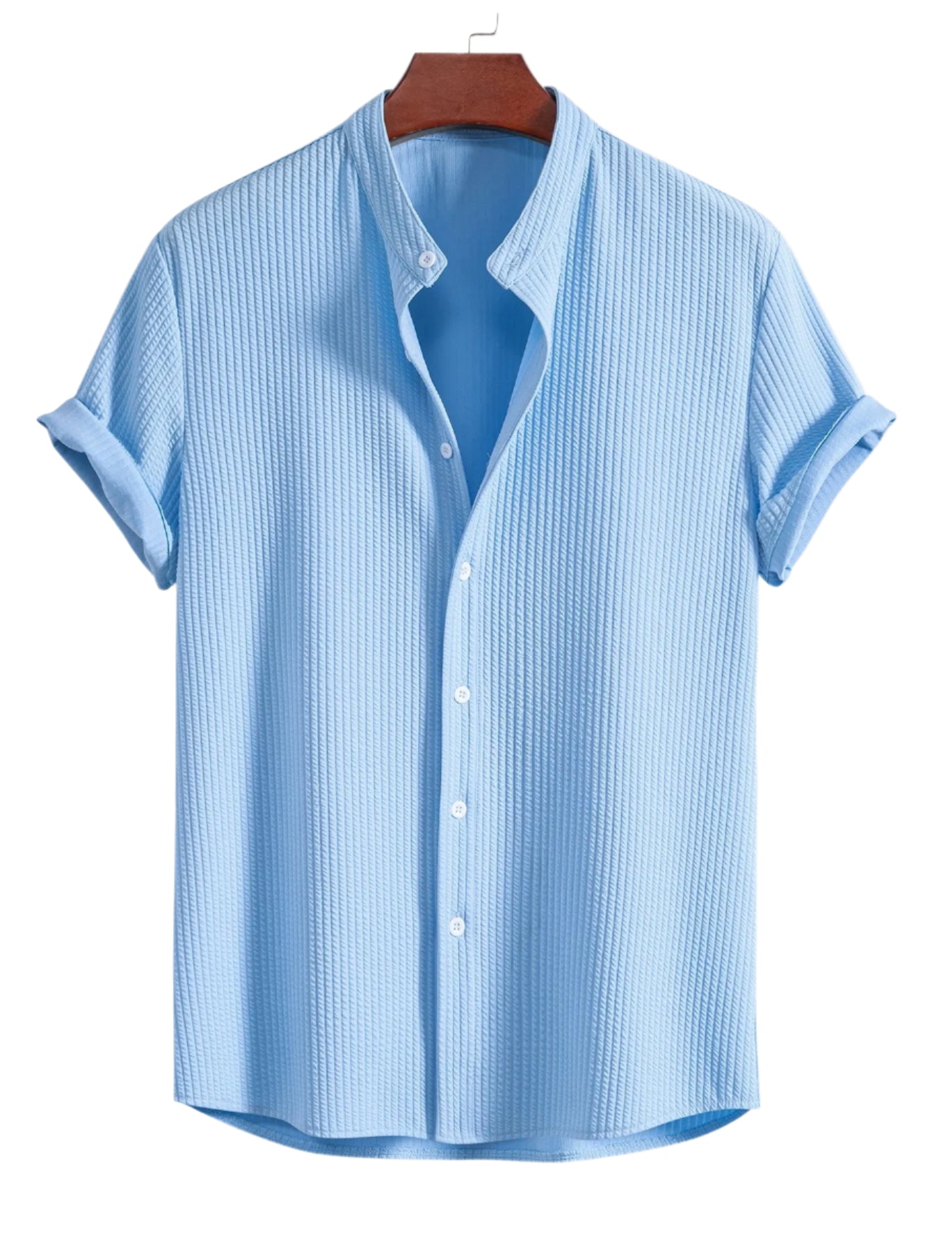 Chemise côtelée à col montant – Coupe ajustée, manches courtes pour homme