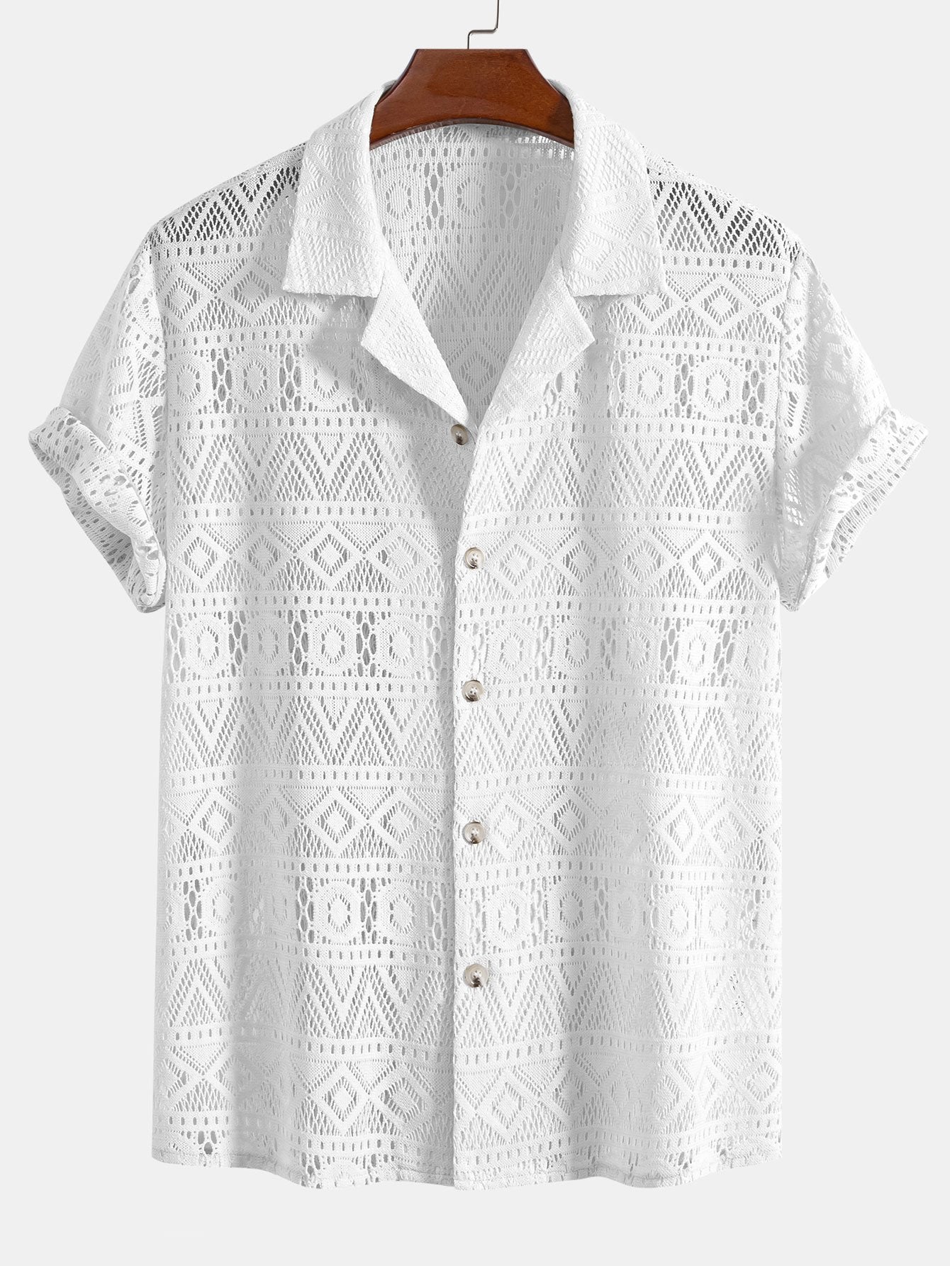 Chemise cubaine à manches courtes et texture géométrique – Style été pour homme