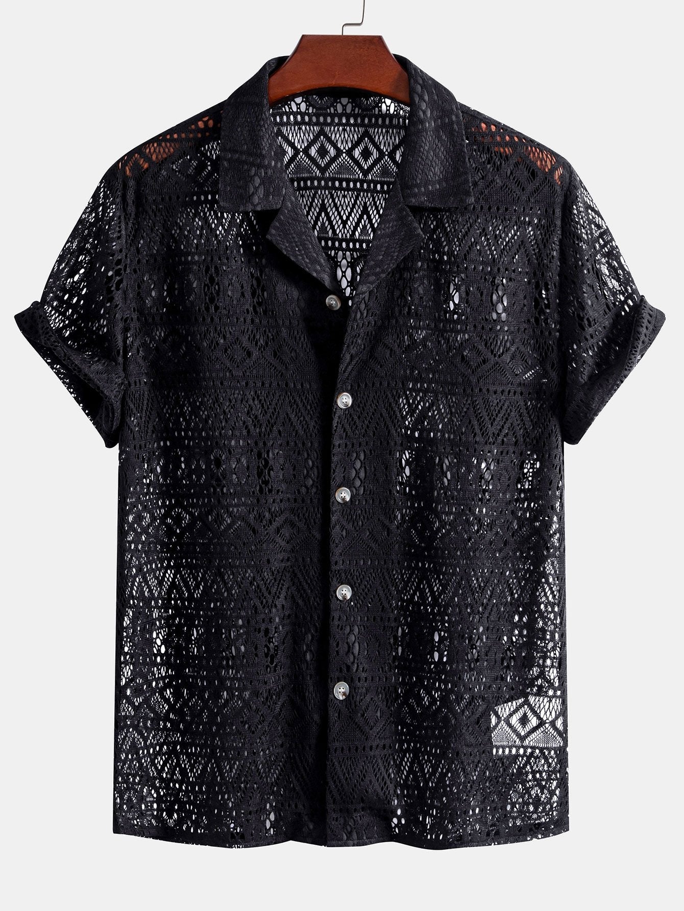 Chemise cubaine à manches courtes et texture géométrique – Style été pour homme