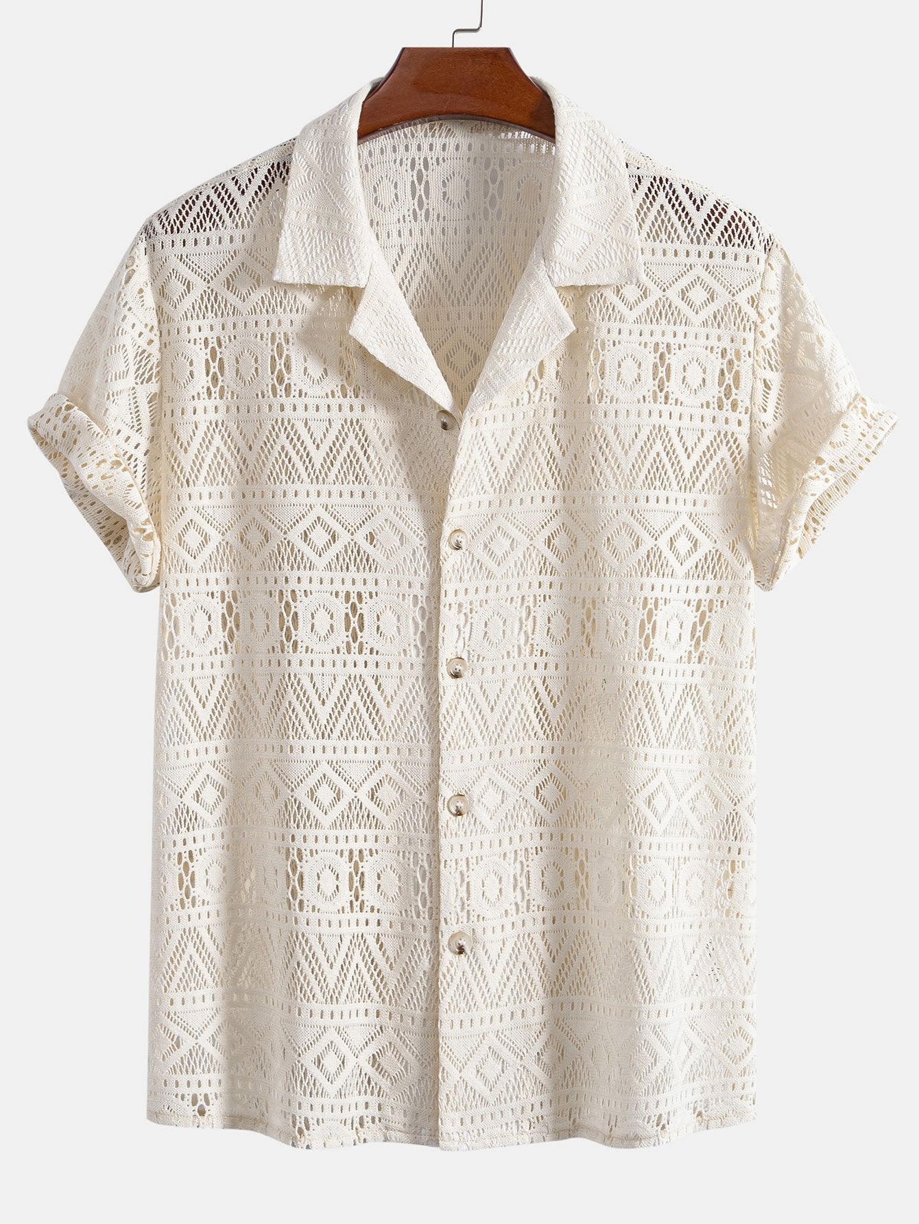 Chemise cubaine à manches courtes et texture géométrique – Style été pour homme