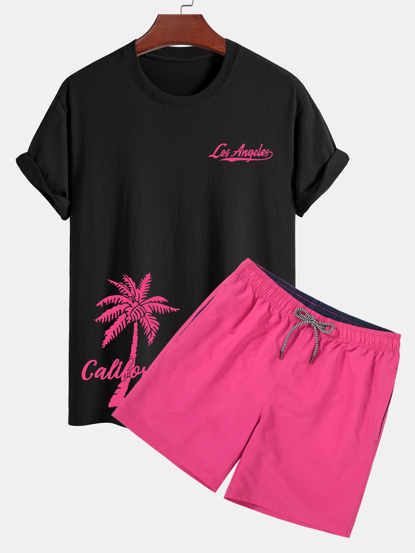 Ensemble t-shirt et short de bain imprimé palmiers – Tenue de plage d'été
