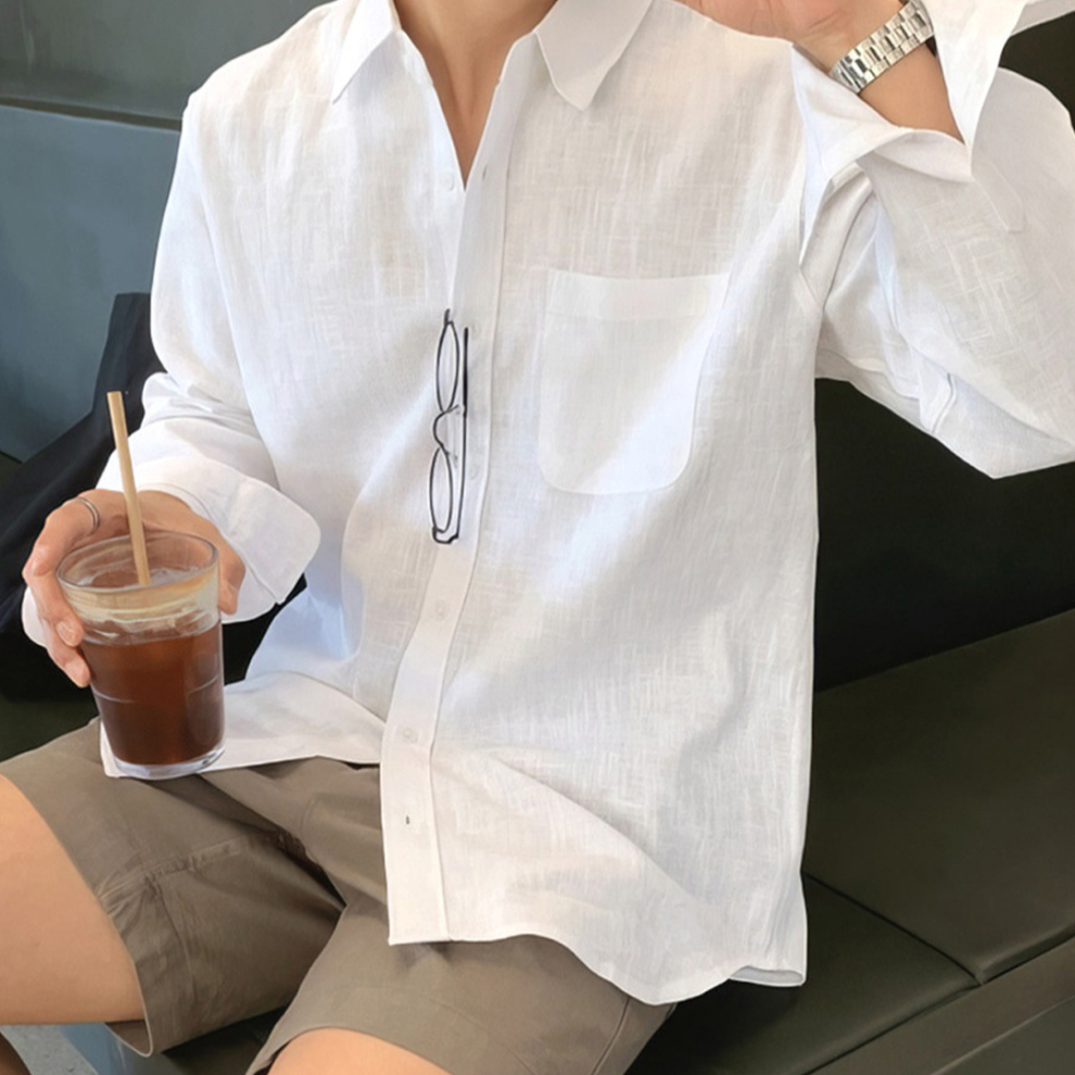 Chemise boutonnée froissée en coton et lin pour homme - Coupe respirante