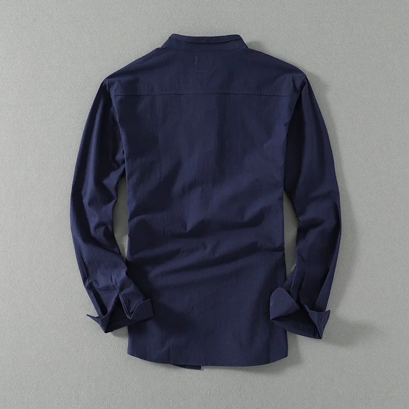 Chemise en lin et coton mélangés, col mao, style décontracté pour homme