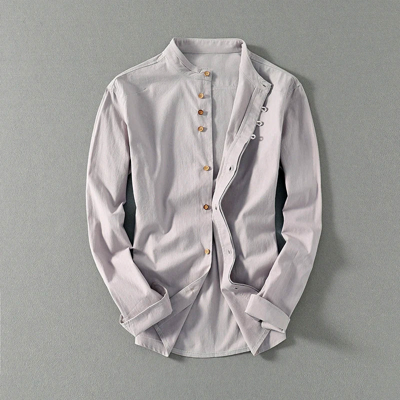 Chemise en lin et coton mélangés, col mao, style décontracté pour homme