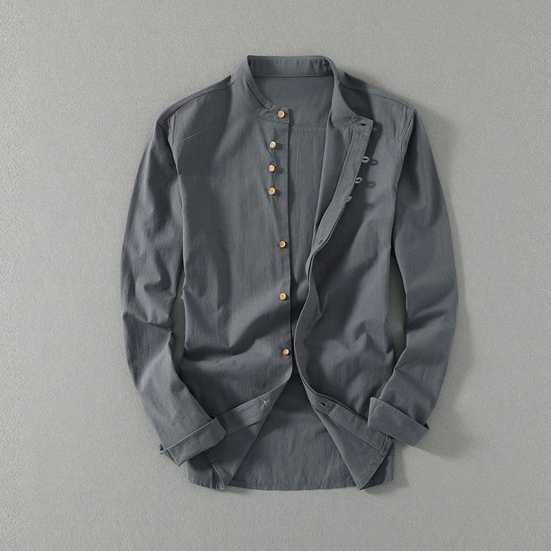 Chemise en lin et coton mélangés, col mao, style décontracté pour homme