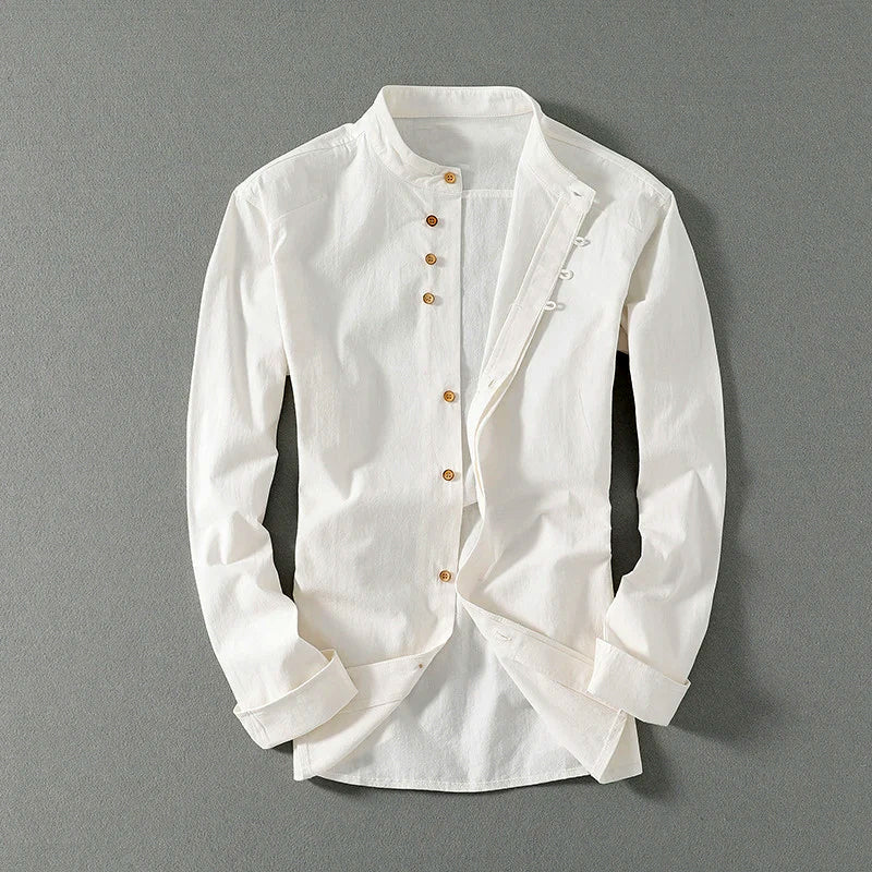 Chemise en lin et coton mélangés, col mao, style décontracté pour homme