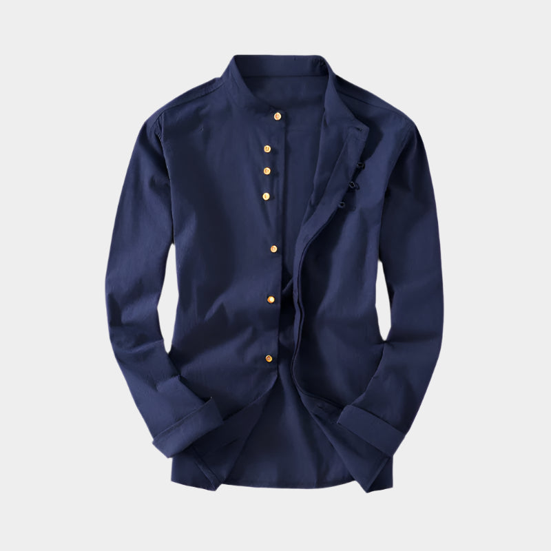 Chemise en lin et coton mélangés, col mao, style décontracté pour homme