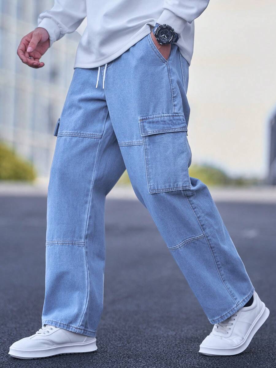 Jean cargo avec cordon de serrage à la taille – Pantalon ample pour homme