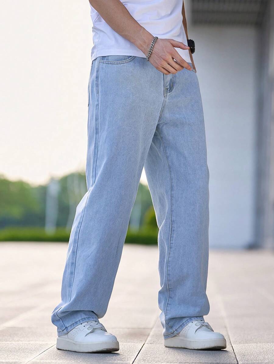 Jean droit délavé clair pour homme – Pantalon ample décontracté
