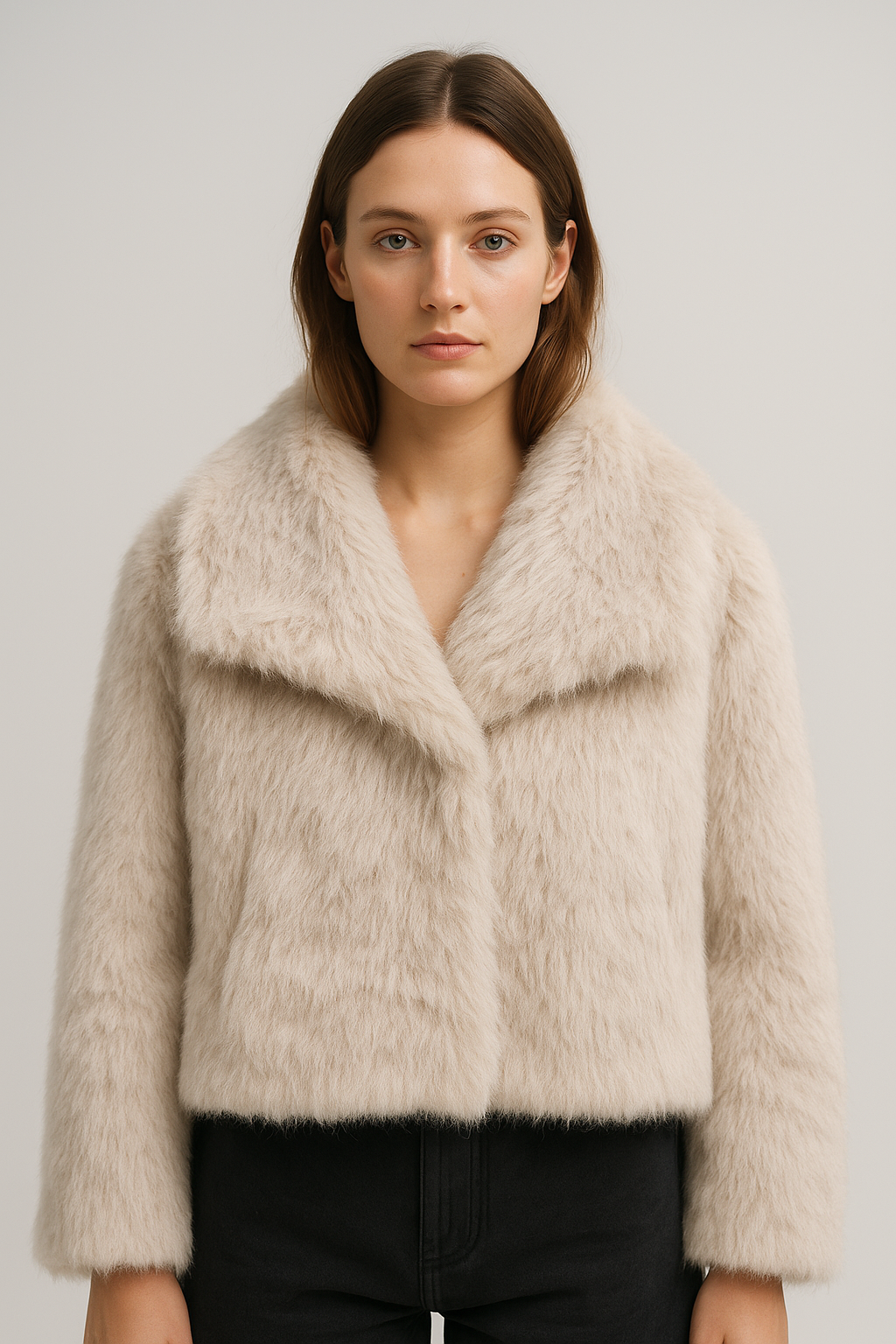 Manteau Femme Hiver Court en Fausse Fourrure Beige Clair avec Col à Revers et Manches Longues - 2