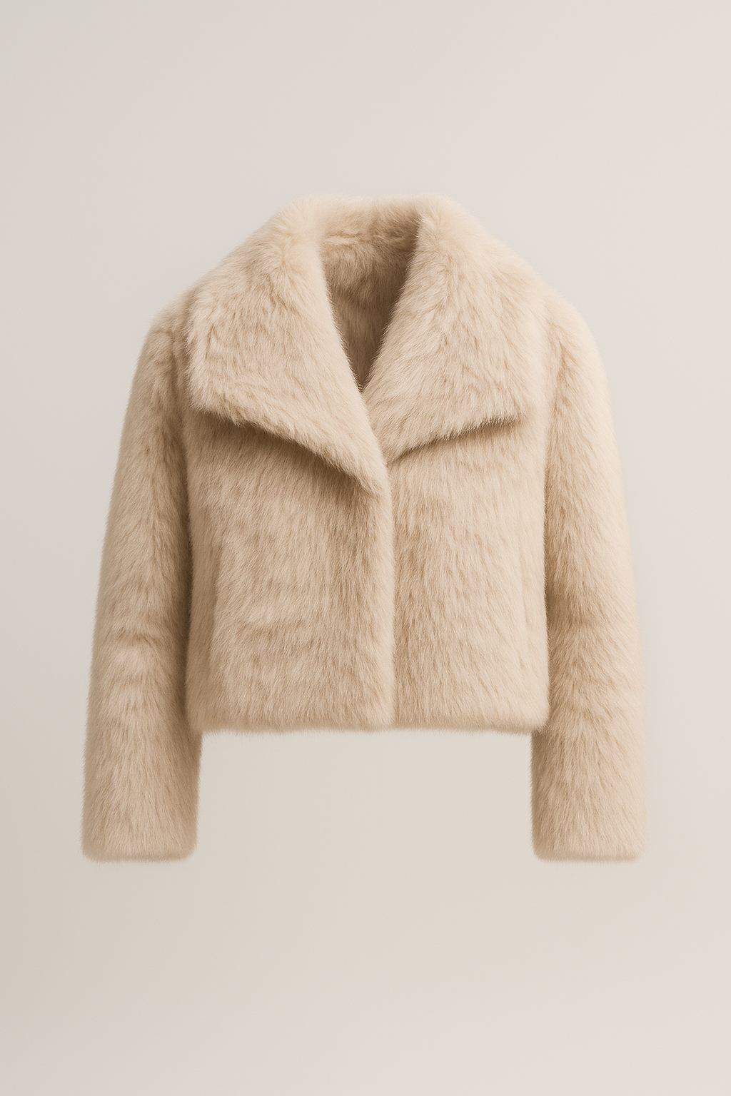 Manteau Femme Hiver Court en Fausse Fourrure Beige Clair avec Col à Revers et Manches Longues - 1