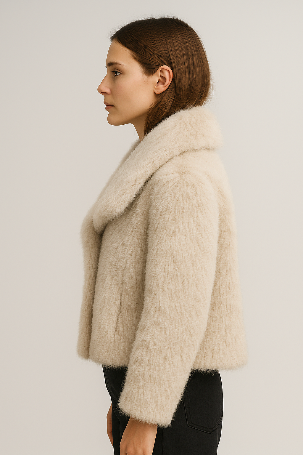 Manteau Femme Hiver Court en Fausse Fourrure Beige Clair avec Col à Revers et Manches Longues - 3