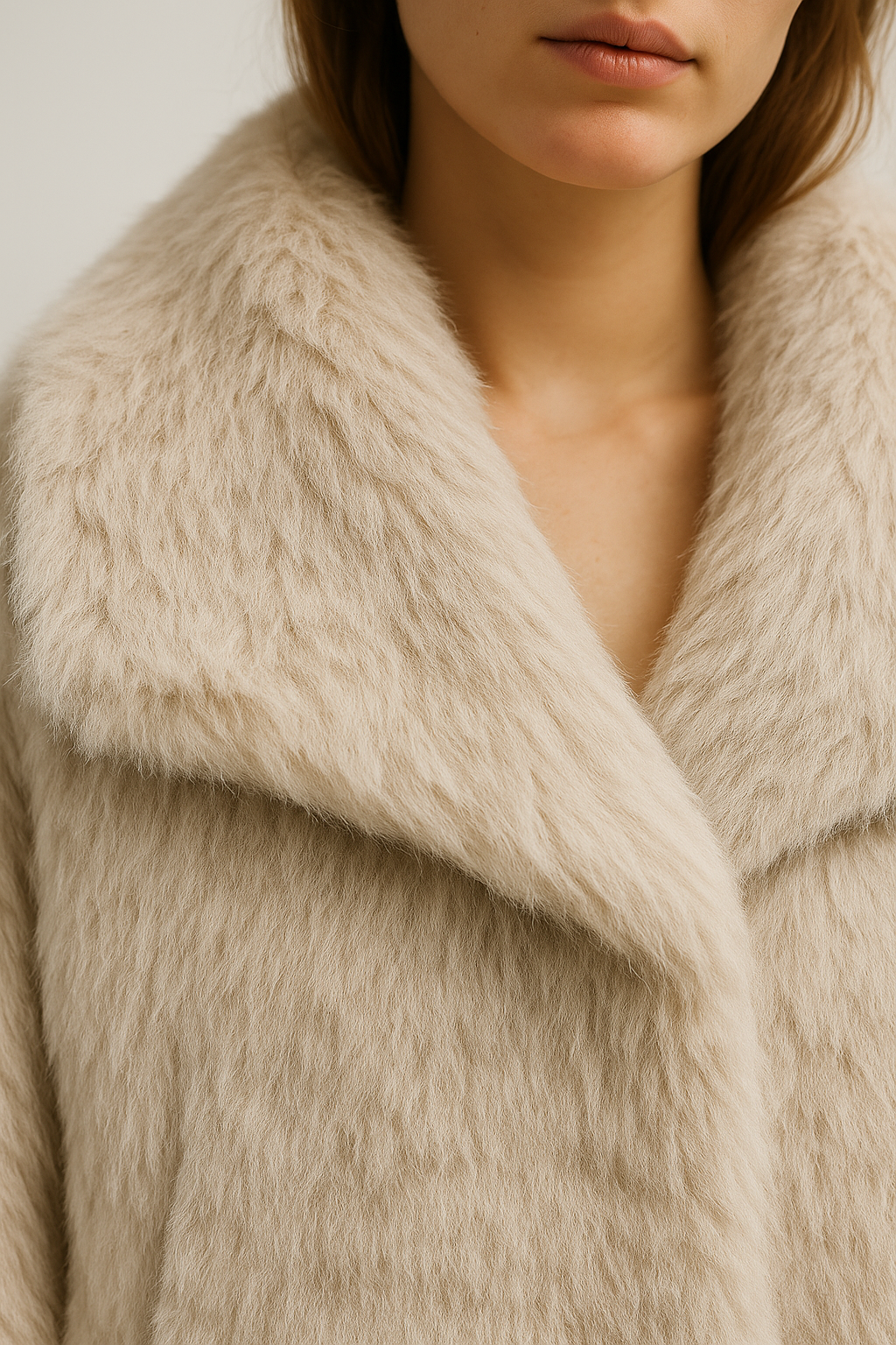 Manteau Femme Hiver Court en Fausse Fourrure Beige Clair avec Col à Revers et Manches Longues - 5