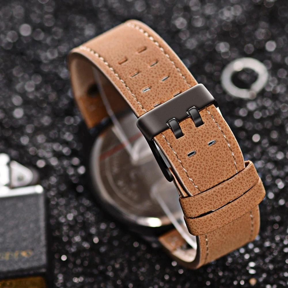 Montre robuste avec bracelet en cuir de vachette et boîtier en alliage surdimensionné