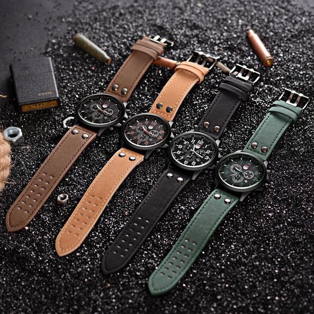 Montre robuste avec bracelet en cuir de vachette et boîtier en alliage surdimensionné