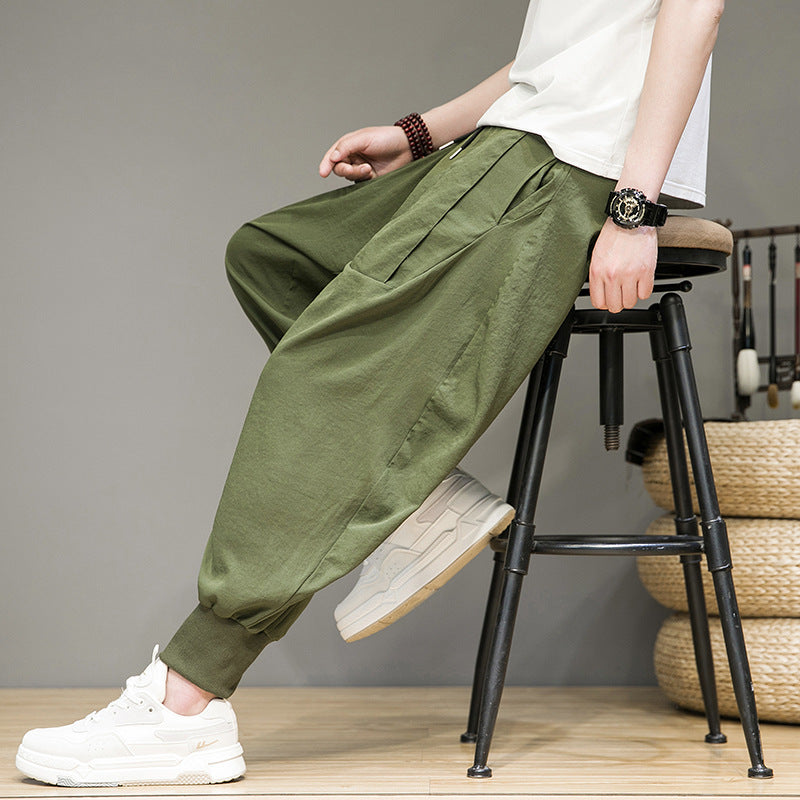 Pantalon de survêtement fuselé respirant en lin et coton avec chevilles élastiques