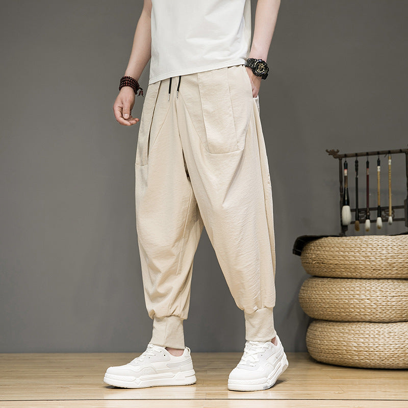 Pantalon de survêtement fuselé respirant en lin et coton avec chevilles élastiques
