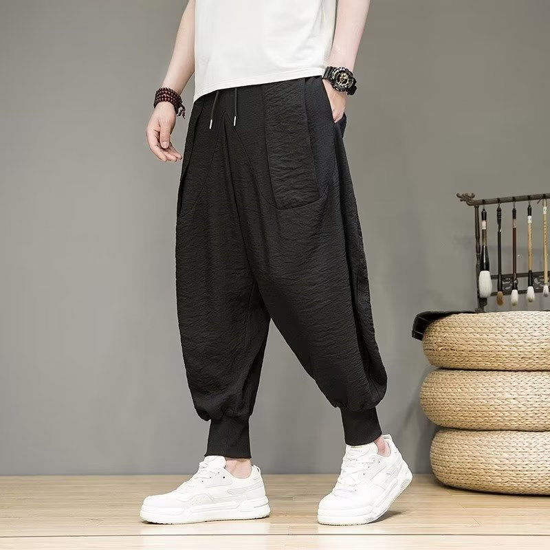 Pantalon de survêtement fuselé respirant en lin et coton avec chevilles élastiques