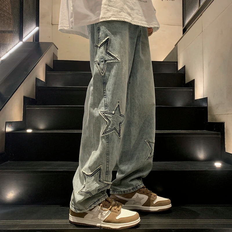 Pantalon ample brodé d'étoiles pour homme – Denim streetwear à jambe large