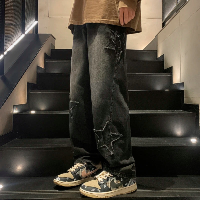 Pantalon ample brodé d'étoiles pour homme – Denim streetwear à jambe large