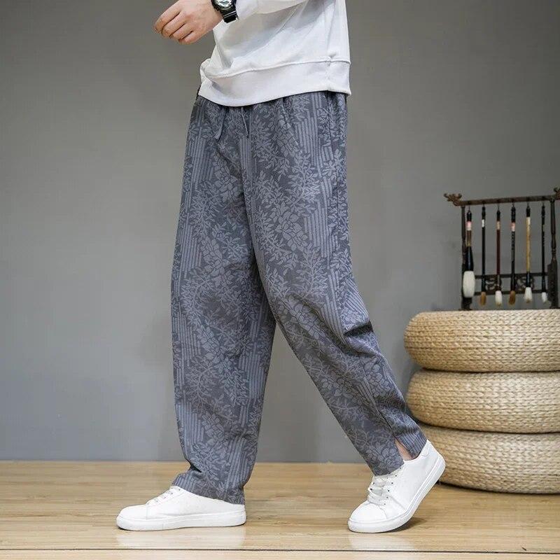 Pantalon de survêtement droit à fleurs en mélange lin-coton – Style urbain pour homme