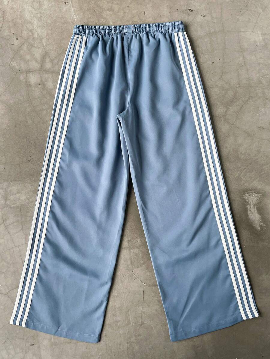 Pantalon droit décontracté à rayures et patchwork avec cordon de serrage à la taille