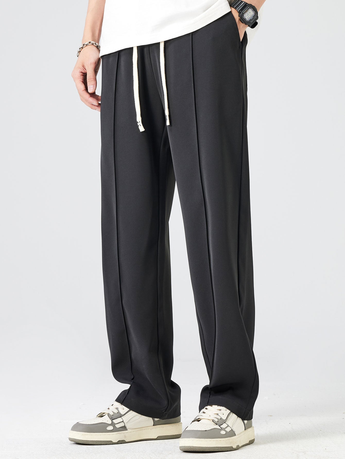 Pantalon droit élégant à simple pli et cordon de serrage pour homme