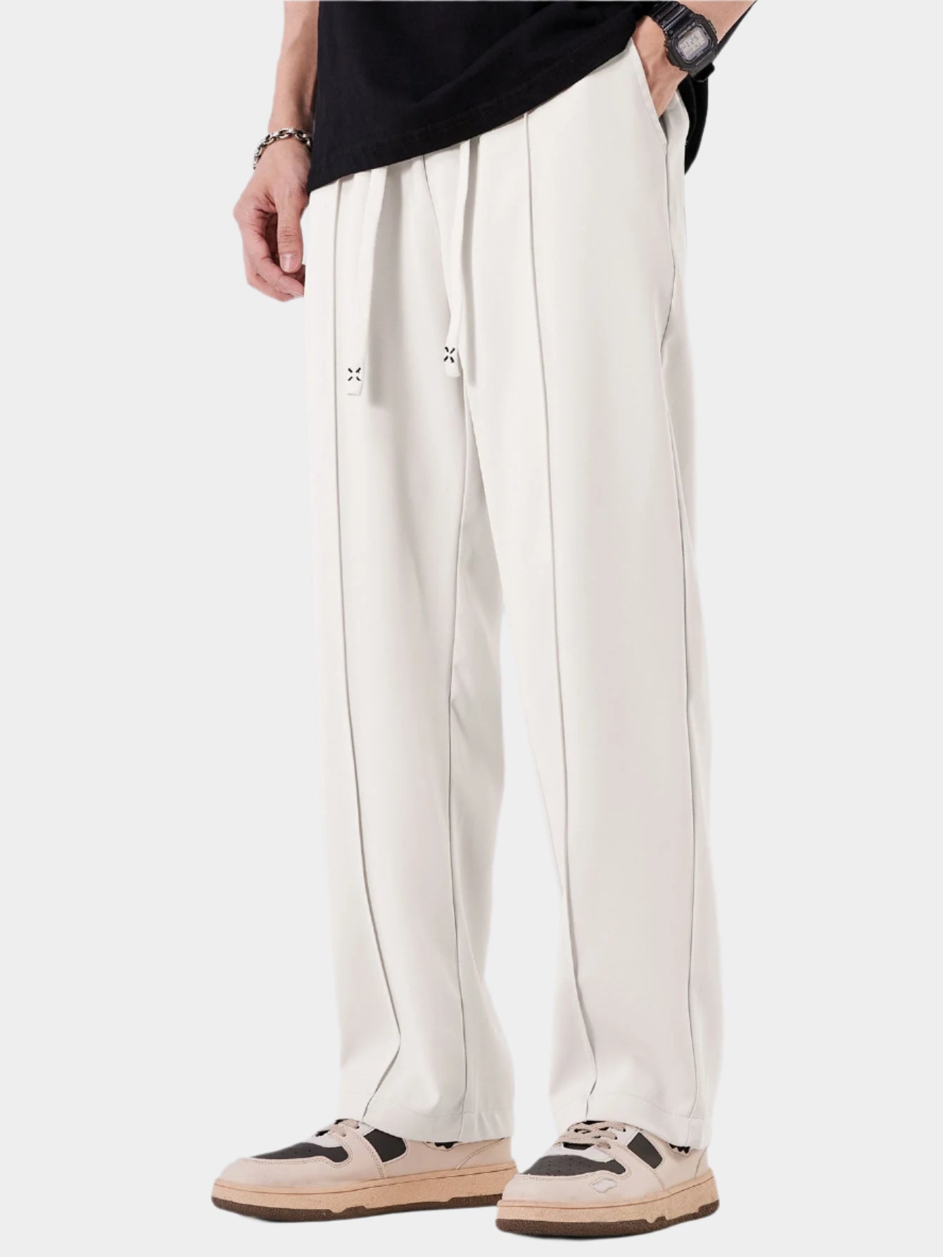 Pantalon droit élégant à simple pli et cordon de serrage pour homme