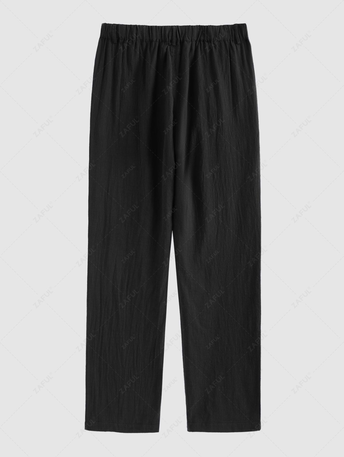 Pantalon droit en coton et lin de couleur unie avec fermeture à boutons pour homme