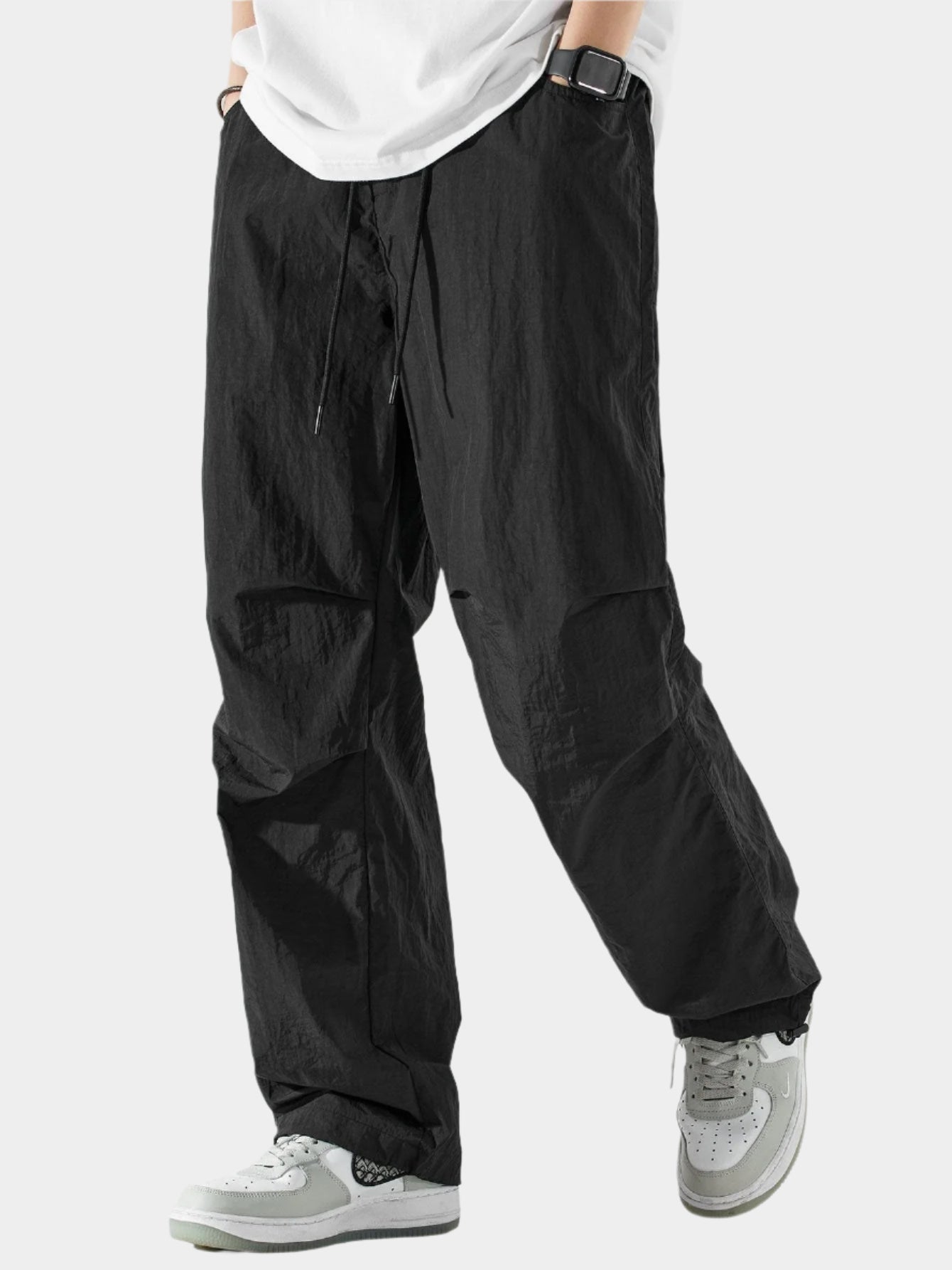 Pantalon droit parachute à taille élastique avec cordon de serrage pour homme