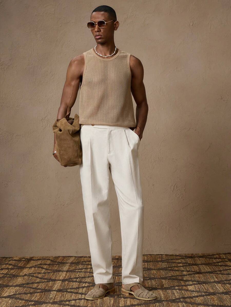 Pantalon en lin coupe droite pour homme – Pantalon décontracté plissé