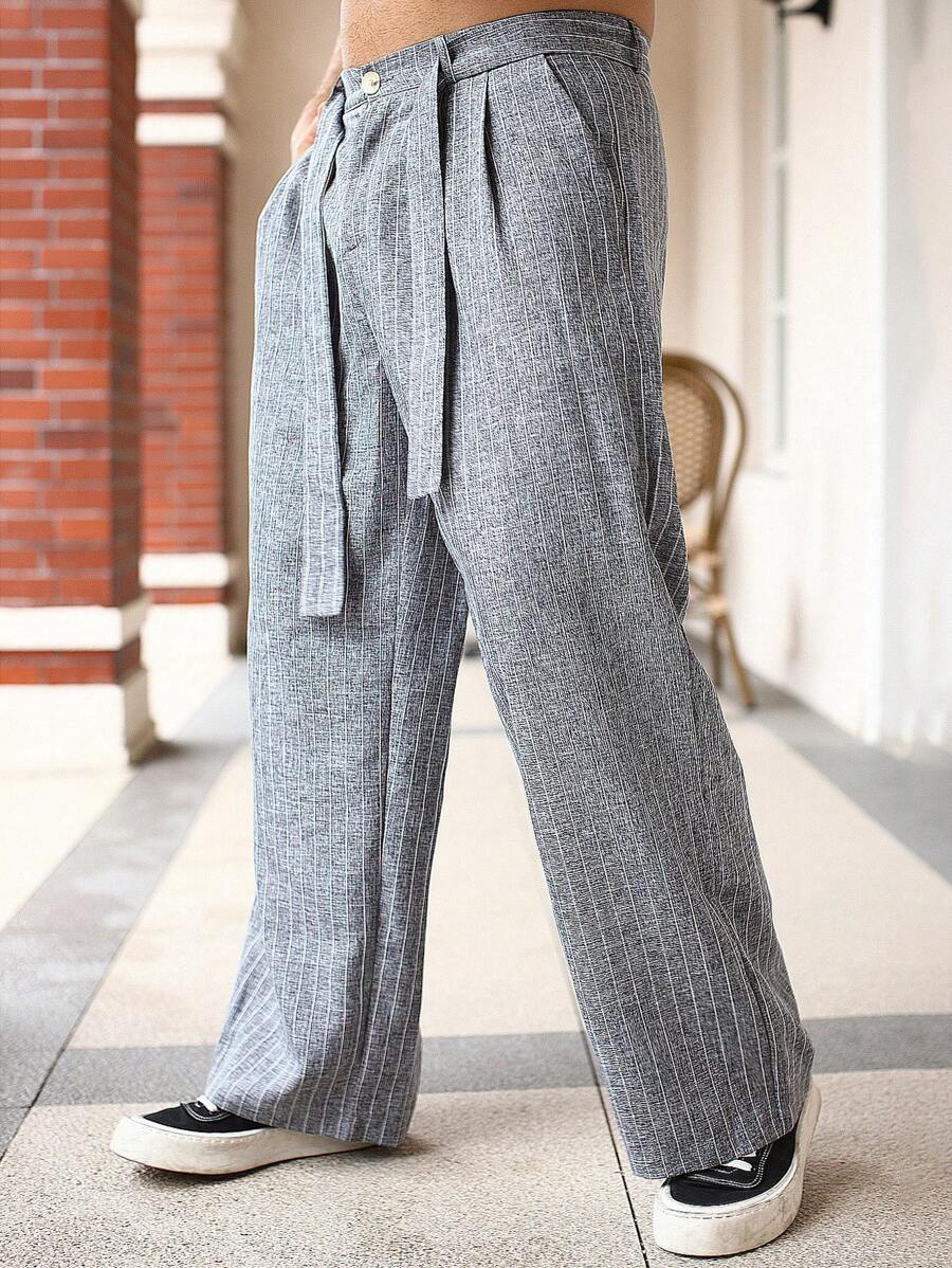 Pantalon en lin rayé avec ceinture nouée pour homme – Pantalon droit décontracté