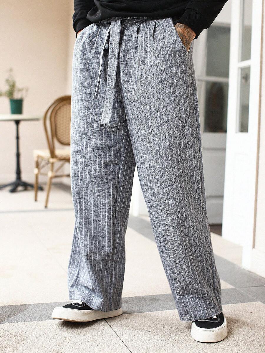 Pantalon en lin rayé avec ceinture nouée pour homme – Pantalon droit décontracté