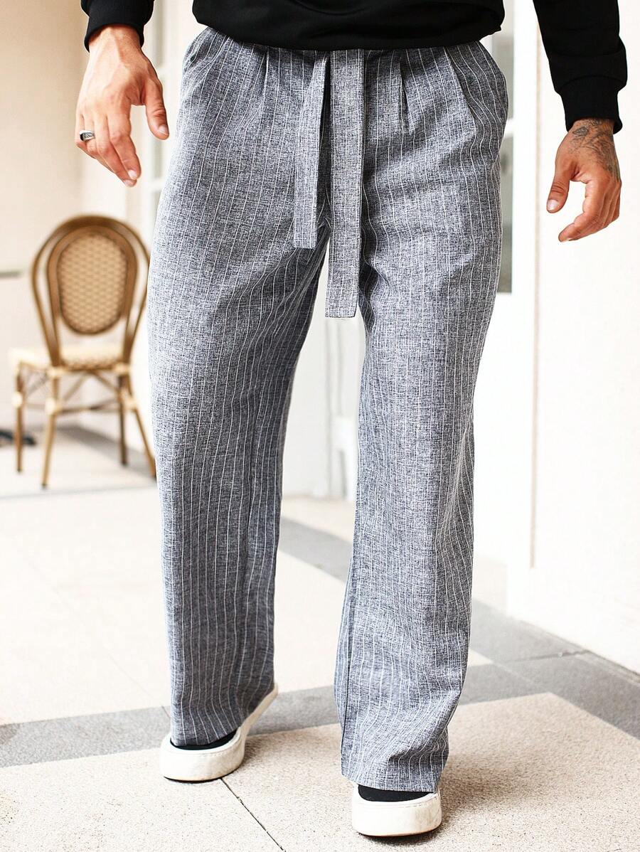 Pantalon en lin rayé avec ceinture nouée pour homme – Pantalon droit décontracté