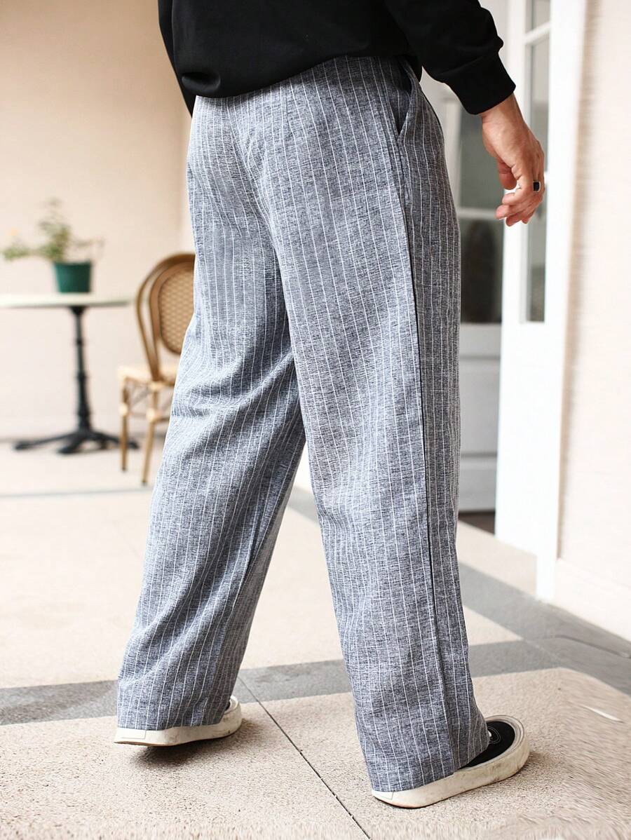 Pantalon en lin rayé avec ceinture nouée pour homme – Pantalon droit décontracté