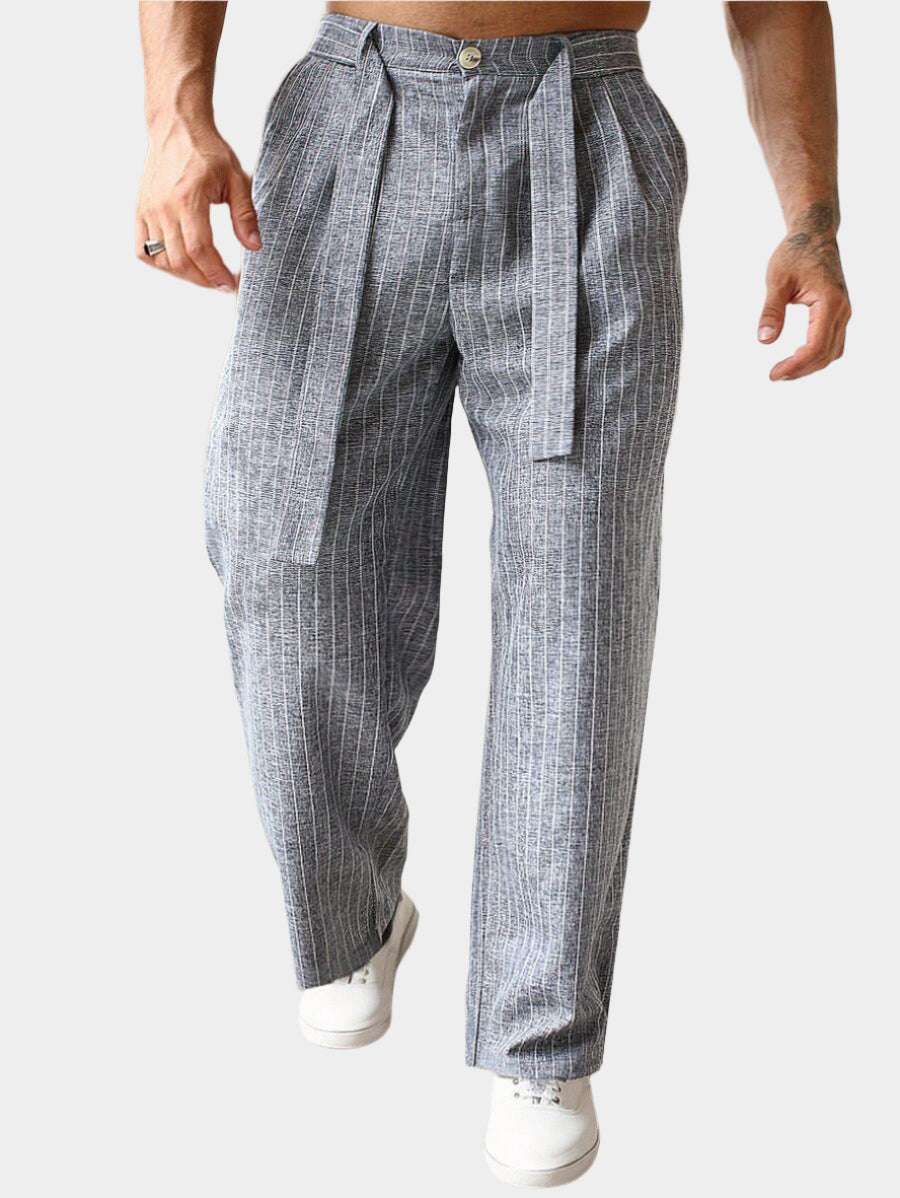 Pantalon en lin rayé avec ceinture nouée pour homme – Pantalon droit décontracté