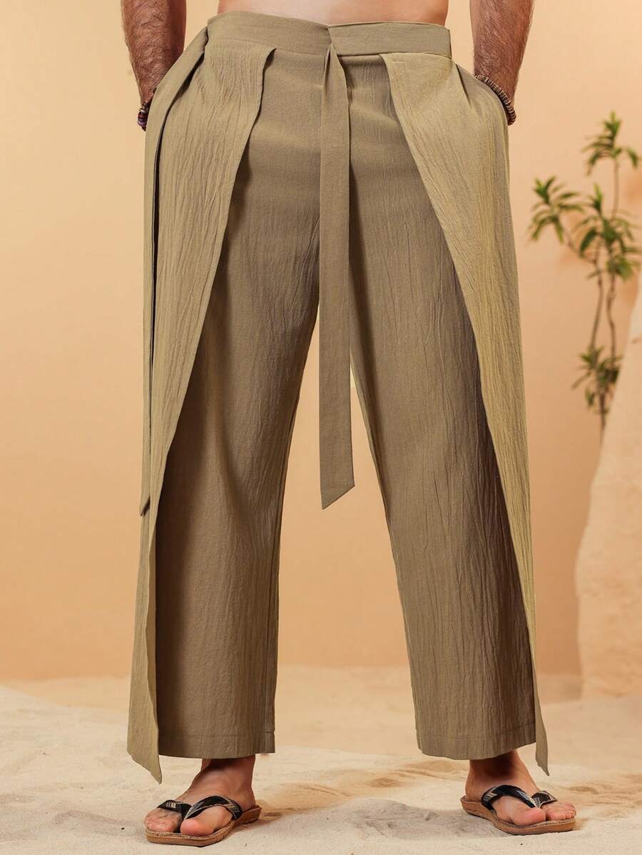 Pantalon large de lin à superpositions avec ceinture pour homme – Coupe ample