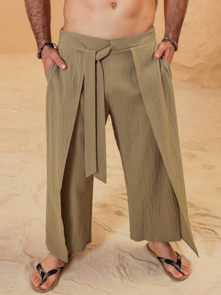 Pantalon large de lin à superpositions avec ceinture pour homme – Coupe ample