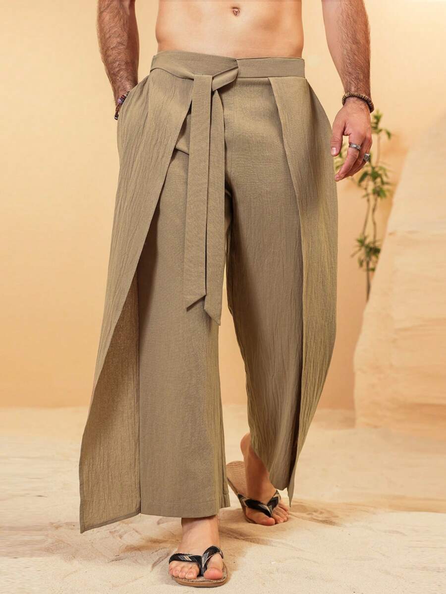 Pantalon large de lin à superpositions avec ceinture pour homme – Coupe ample