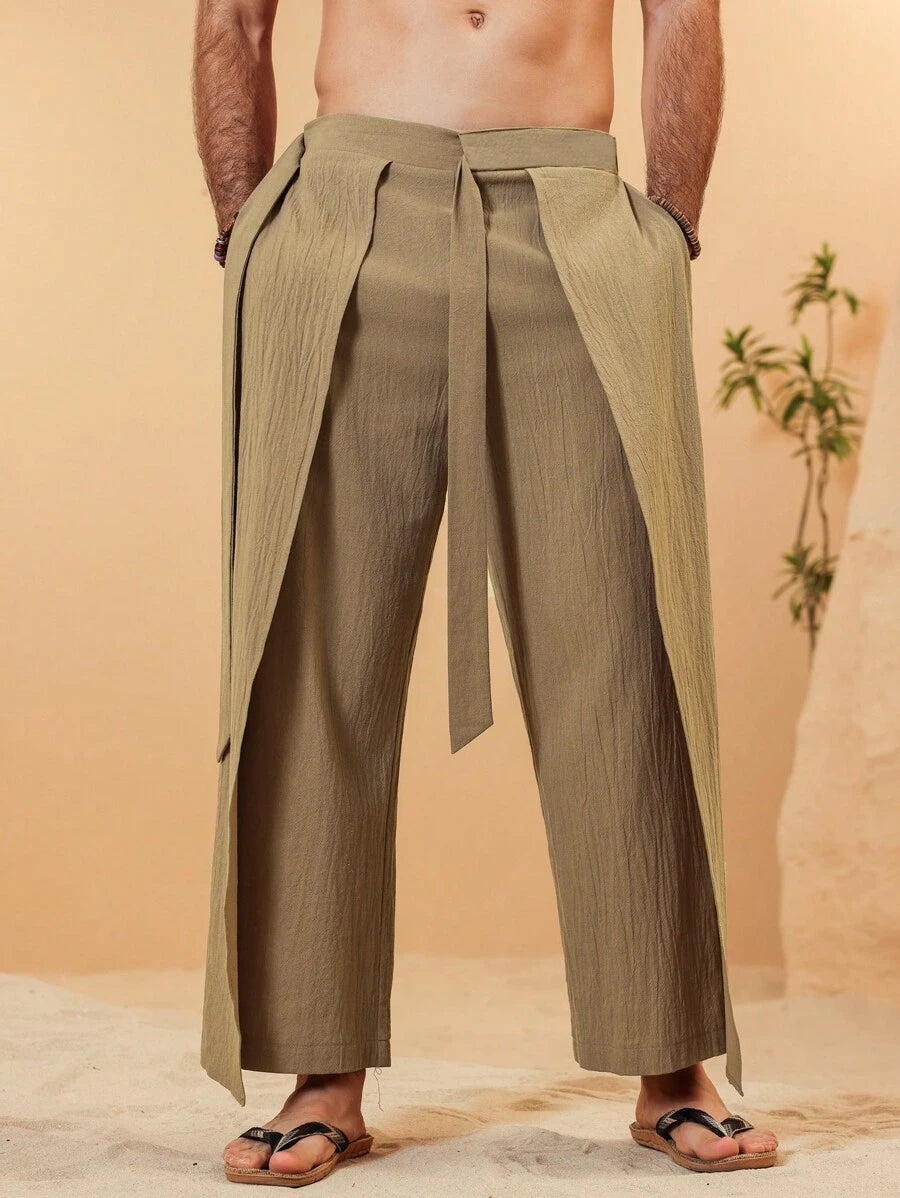 Pantalon large de lin à superpositions avec ceinture pour homme – Coupe ample