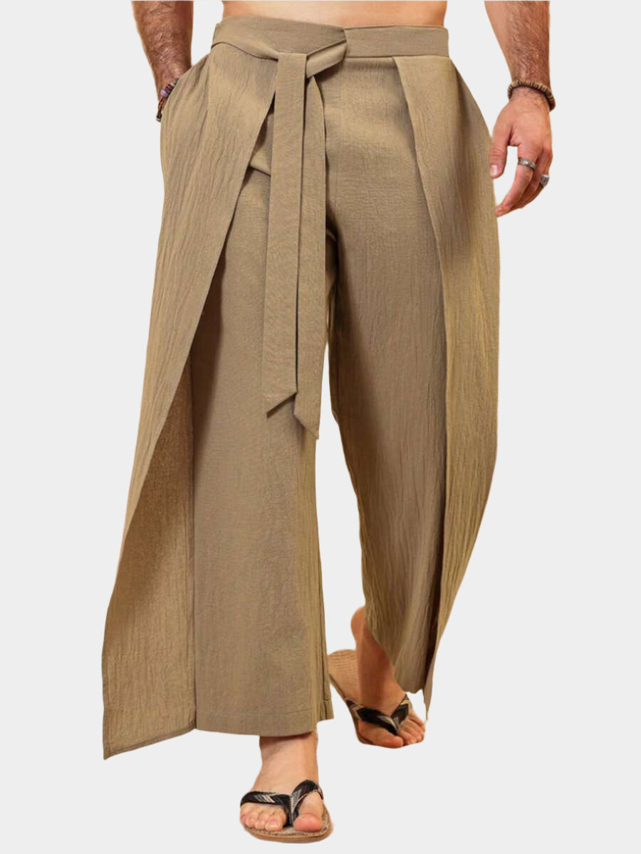 Pantalon large de lin à superpositions avec ceinture pour homme – Coupe ample